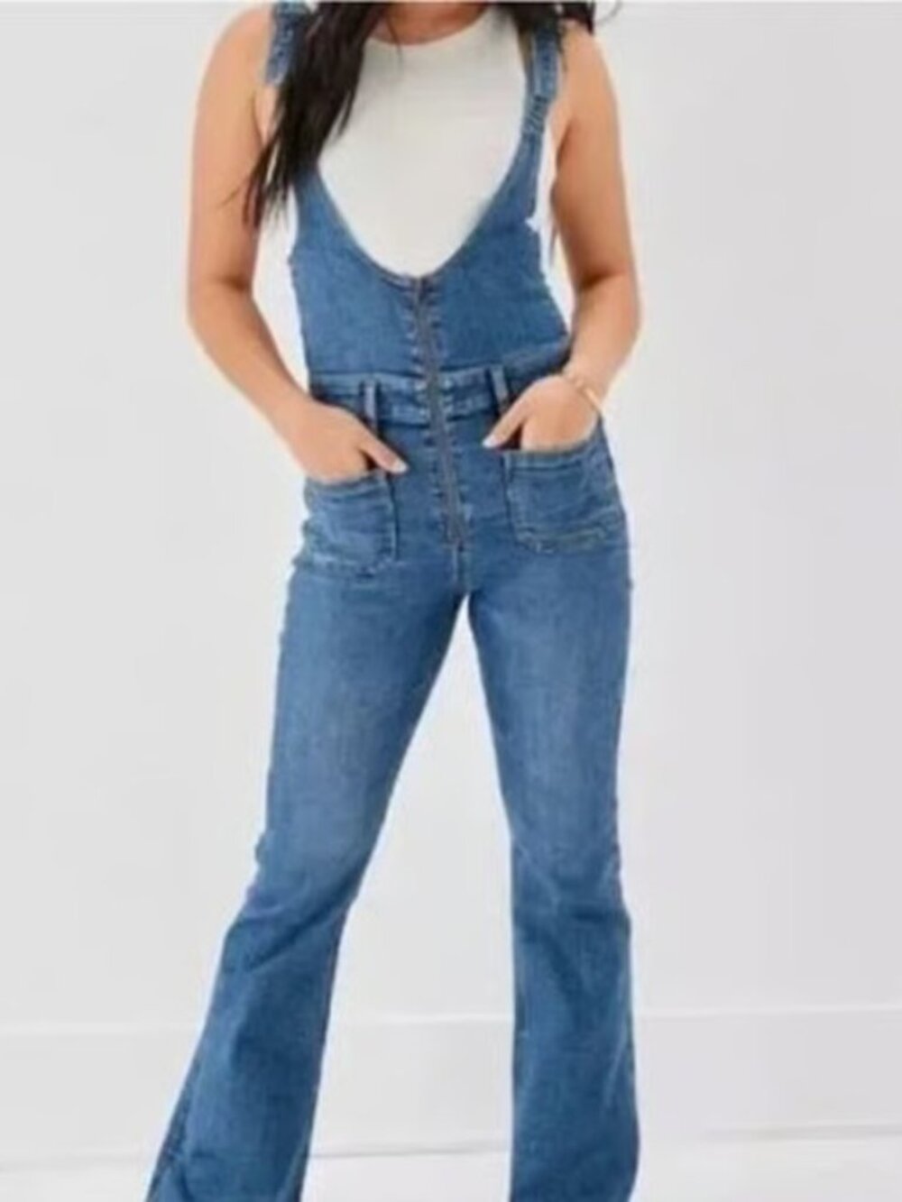 American Eagle Outfitters Denim Flare Overalls With Zipper Jumpsuit Blue Size 14